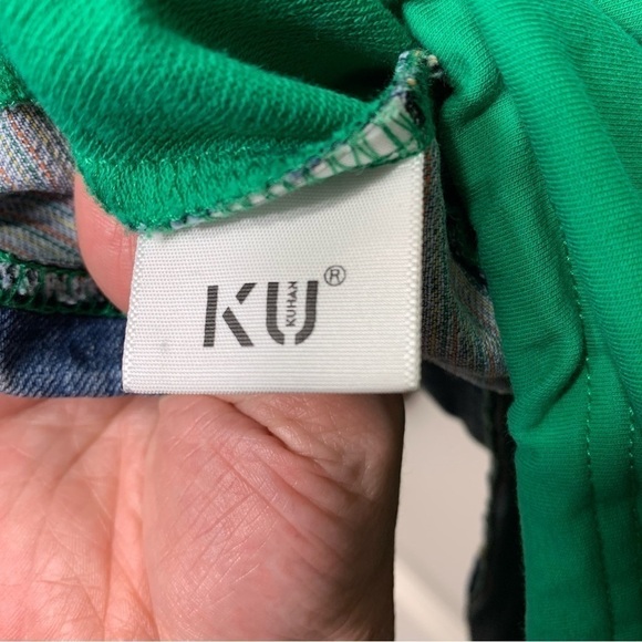 Kuhan KU Dsgn Jersey Sweater Sz L Green Stranger Mean Duck Money Graphic Denim - Picture 8 of 10